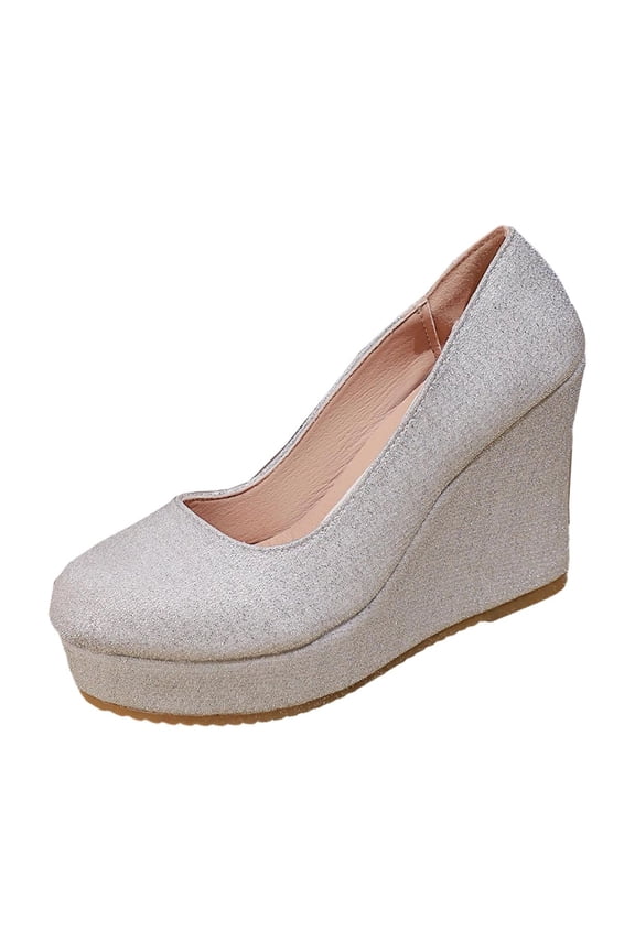 Women's Platform Wedge Heel Pumps Round Toe Solid Color Slip On Comfortable Dress Shoes For Office Party Daily A-Silver