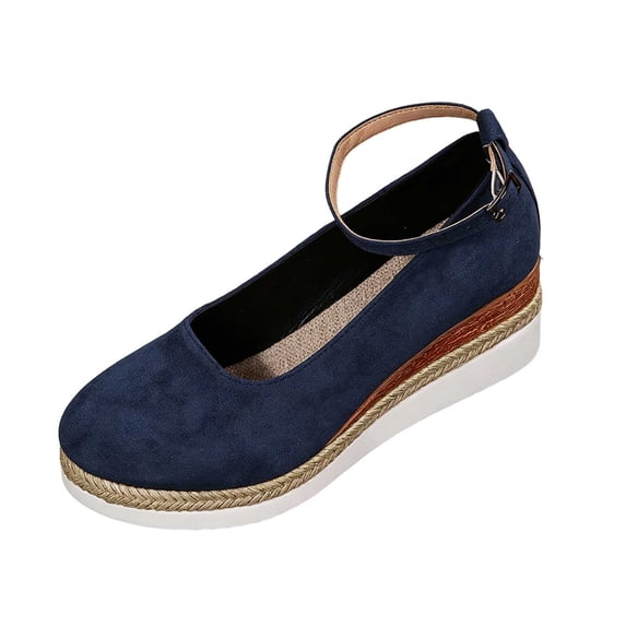 Gpaecead Women's Platform Wedge Mary Jane Shoes Round Toe Espadrille Style Ankle Strap Faux Suede Cushioned Shoes For Casual Blue