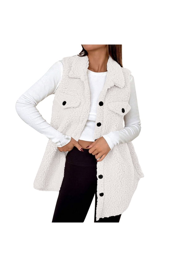 Women's Plush Fleece Open Front Vest - Oversized Lapel Collar Casual Cardigan Wrap White