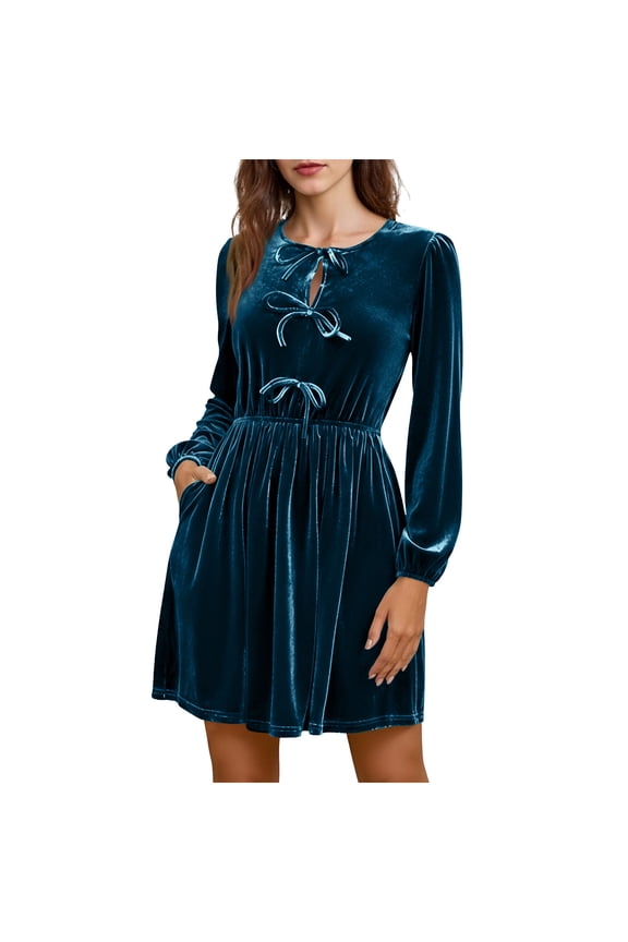 Women's Pocket Velvet Dress - Bow Detail A-Line Casual Evening Wear Blue