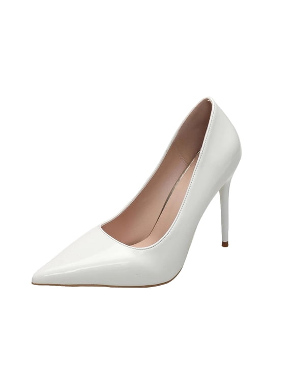 Women's Pointed Toe Stiletto Pumps Patent Leather Elegant Cushioned Dress Heels For Office Wedding Party Formal Events B-White