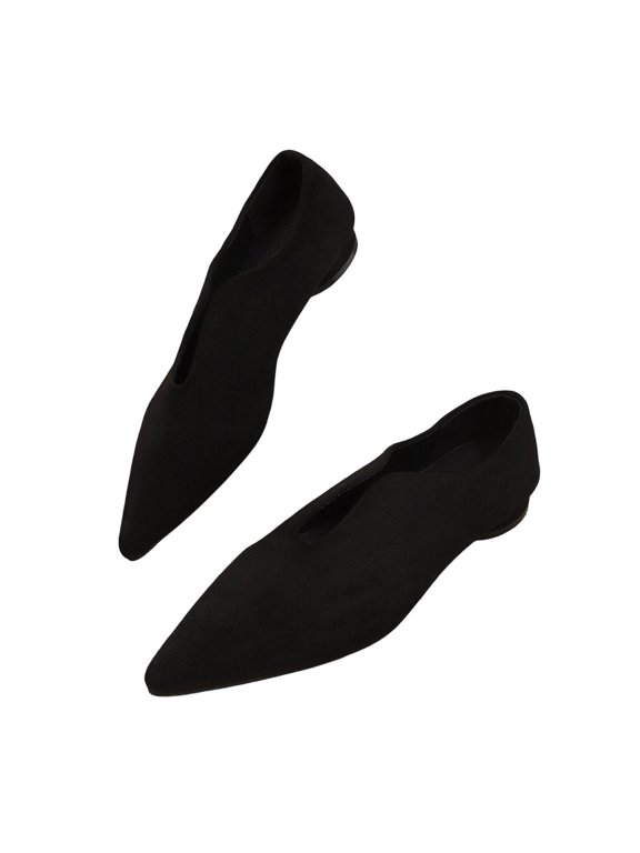 Women's Pointed Toe V Cut Flats Faux Suede Slip On Comfortable Shoes for Daily Commute Casual Wear A-Black