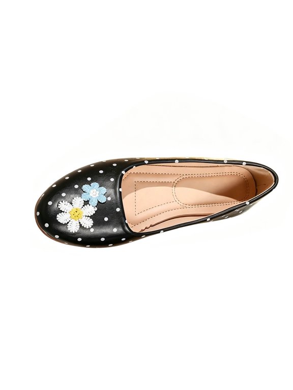 Women's Polka Dot Daisy Embroidery Ballet Flats French Retro Slip On Shoes with Cushioned Insole for Work Date Black