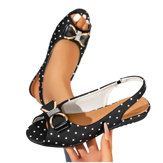 Gpaecead Women's Polka Dot Metal Bow Flat Slingback Shoes Open Toe Slip On Soft Sole Comfort Casual Vintage Shoes, Black