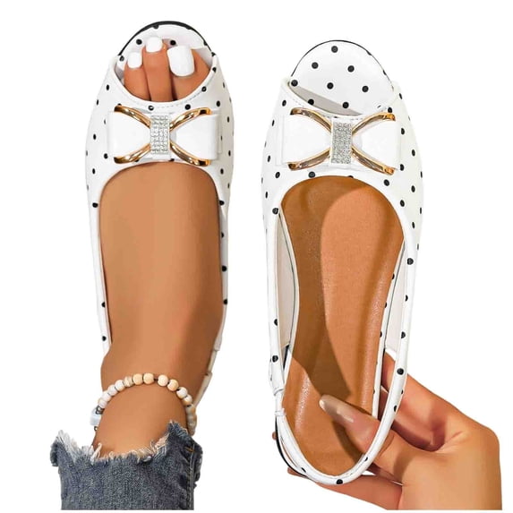 Gpaecead Women's Polka Dot Metal Bow Flat Slingback Shoes Open Toe Slip On Soft Sole Comfort Casual Vintage Shoes, White