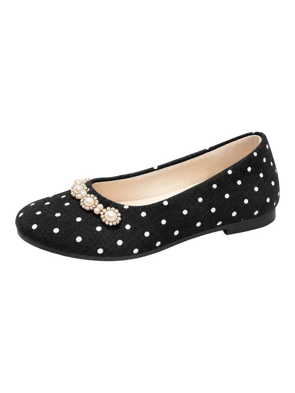 Women's Polka Dot Pearl Ballet Flats French Retro Slip On Shoes with Cushioned Insole Non Slip Sole for Work Black