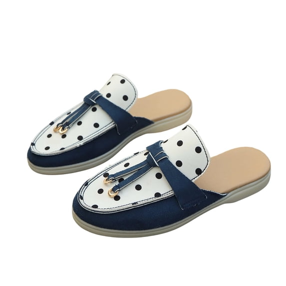 Gpaecead Women's Polka Dot Tassel Flat Mules Faux Suede Slip On Non Slip Shoes For Commute And Casual Style, Blue