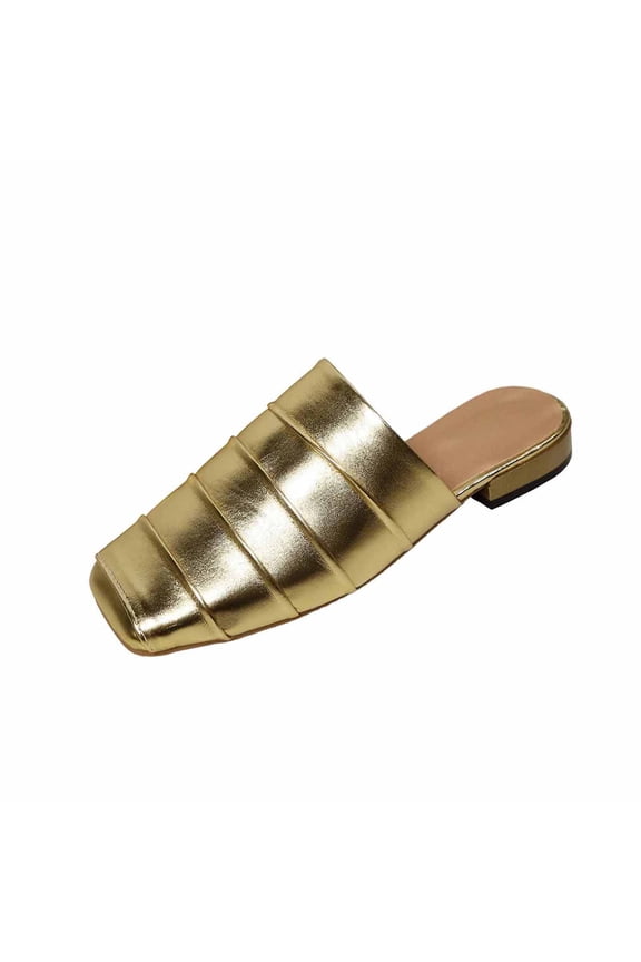 Women's Quilted Metallic Flat Mule Slippers Square Closed Toe Faux Leather Slides For Summer Chic Semi Formal, Gold