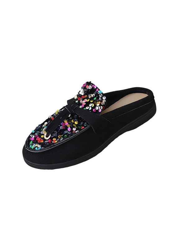 Women's Rainbow Sequin Platform Mules Faux Suede Upper Slip On Shoes with Non Slip Sole for Causal Multicolor