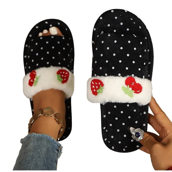 Gpaecead Women's Retro Polka Dot Strawberry Fuzzy Slippers Open Toe ...