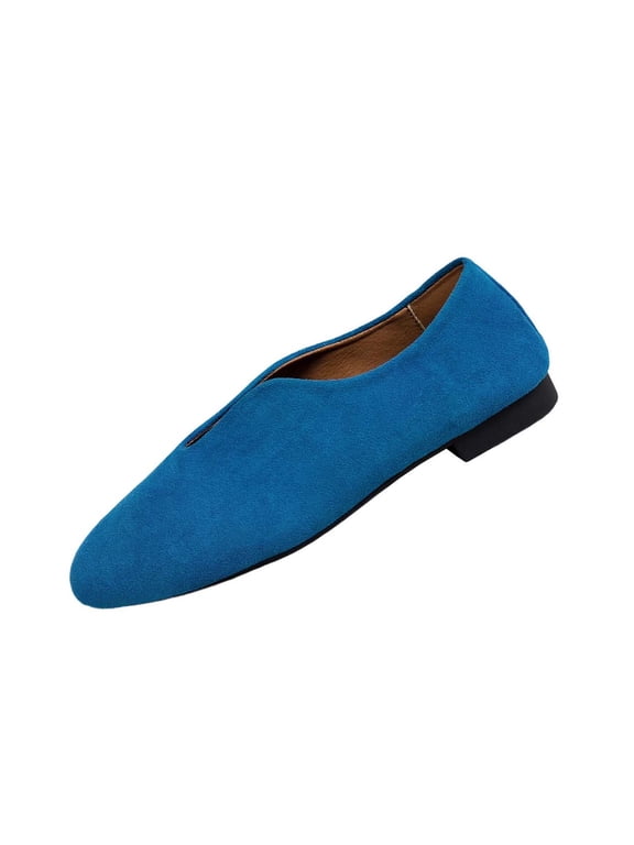 Women's Retro V Cut Flats Faux Suede Square Toe Slip On Cushioned Comfort Shoes For Office, Travel And Casual Daily Wear Blue
