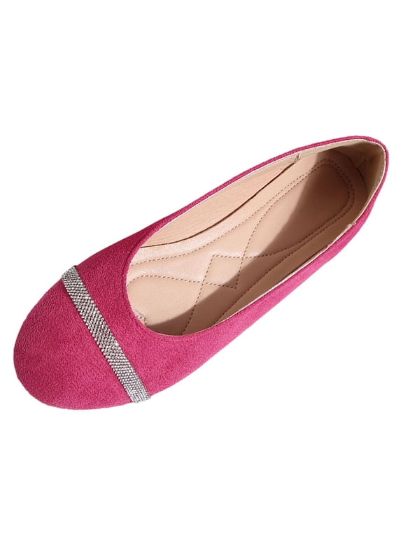 Women's Rhinestone Ballet Flats Faux Suede Slip On Shoes with Quilted Padded Insole for Work Party Wedding Pink