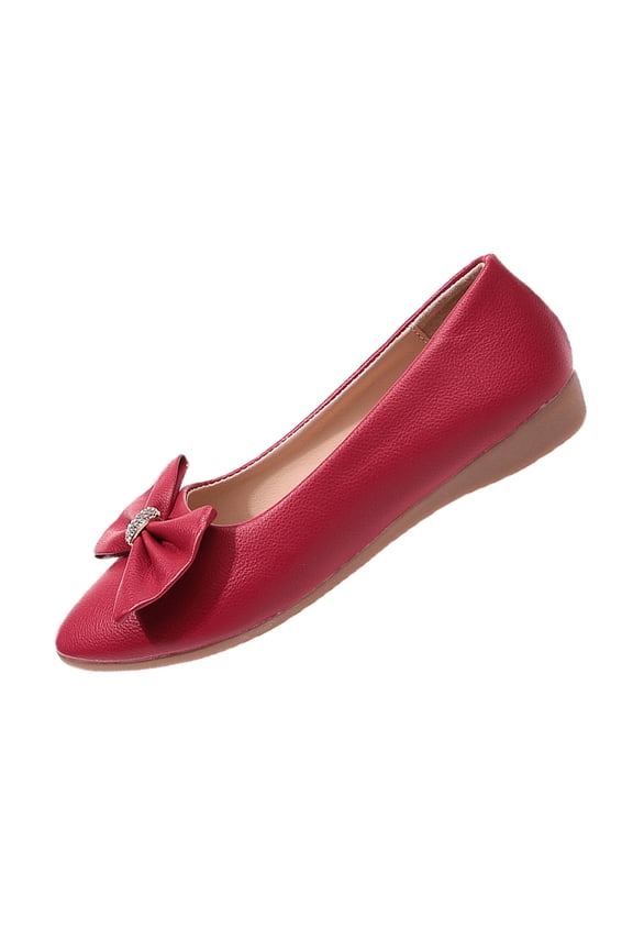 Women's Rhinestone Bow Flats Soft Faux Leather Slip On Comfortable Casual Walking Shoes For Daily Burgundy