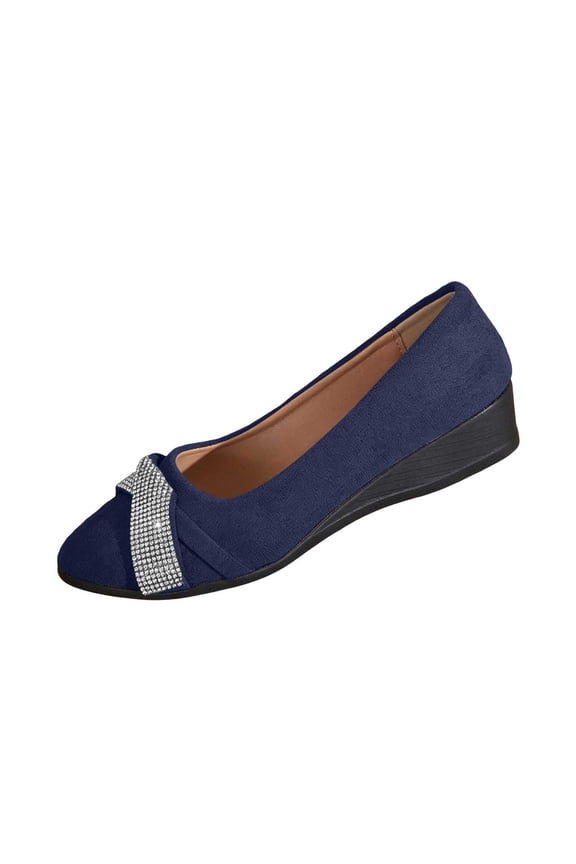 Women's Rhinestone Crisscross Strap Wedge Pumps Faux Suede Slip On Cushioned Non Slip Shoes For Work And Parties, Navy