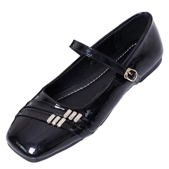 Gpaecead Women's Rhinestone Embellished Mary Jane Flats Square Toe Patent Leather Adjustable Buckle Dress Shoes For Wedding School Black