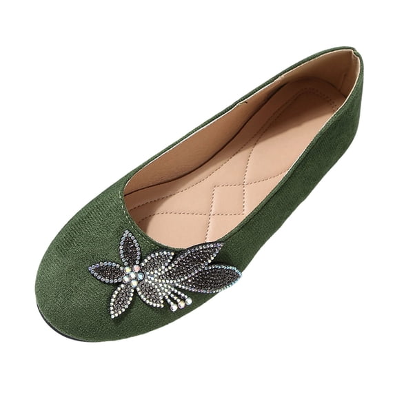 Gpaecead Women's Rhinestone Floral Ballet Flats Faux Suede Slip On Cushioned Dress Shoes For Office, Party And Commute Green