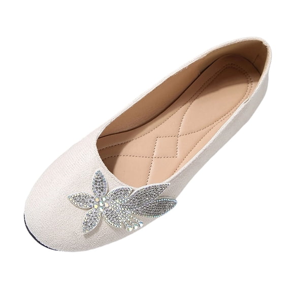 Gpaecead Women's Rhinestone Floral Ballet Flats Faux Suede Slip On Cushioned Dress Shoes For Office, Party And Commute White