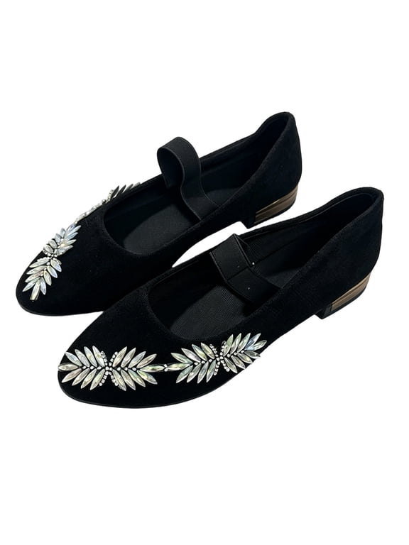 Women's Rhinestone Leaf Mary Janes Low Block Heel Elastic Strap Round Toe Fabric Shoes for Party Daily Wear Black