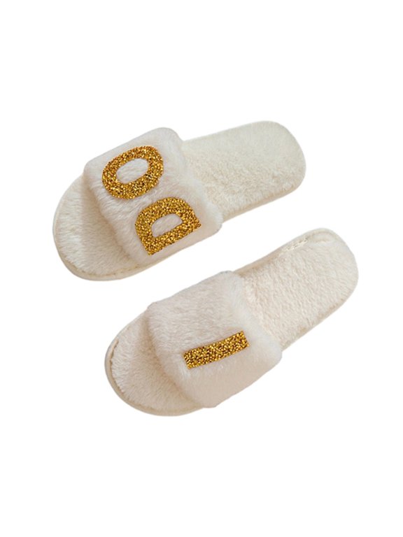 Women's Rhinestone Letter Slippers I Do Faux Fur Cushioned Open Toe House Shoes For Wedding Honeymoon Gift Gold