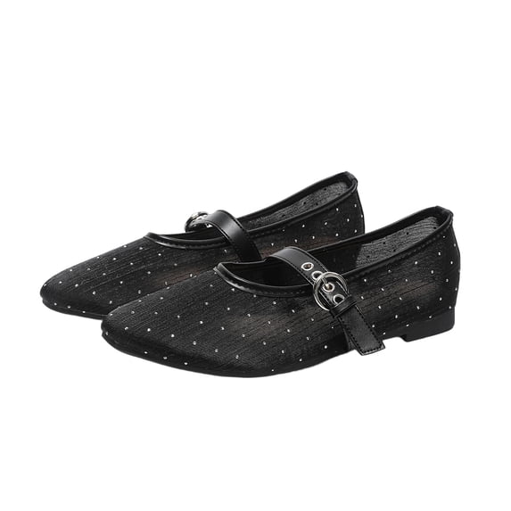 Gpaecead Women's Rhinestone Mesh Breathable Flats Closed Toe Thin Strap Buckle Versatile Glam Summer Shoes, Black
