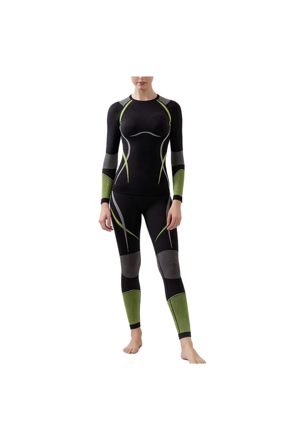 Women's Round Neck Thermal Set - Quick Dry Base Layer For Winter Sports & Skiing Green