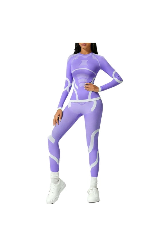Women's Round Neck Thermal Set - Quick Dry Color Block Base Layer For Winter Sports & Skiing Purple