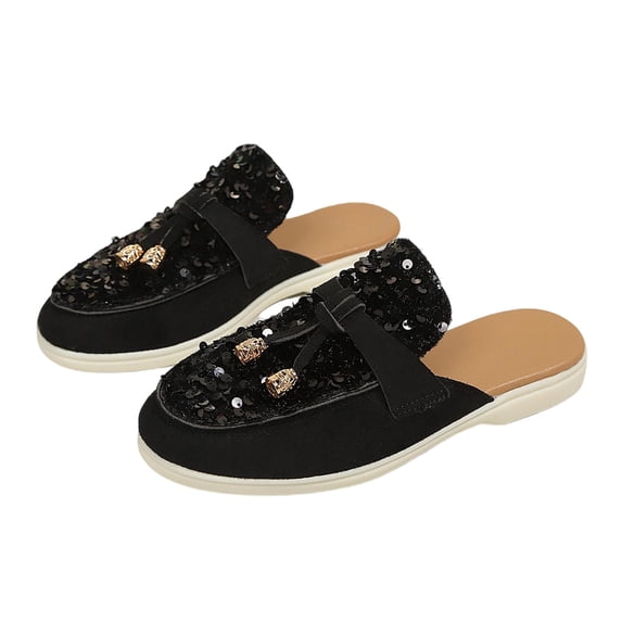 Gpaecead Women's Sequin Bell Tassels Flat Mules Faux Suede Slip On Cushioned Non Slip Shoes For Commute And Casual, B-Black