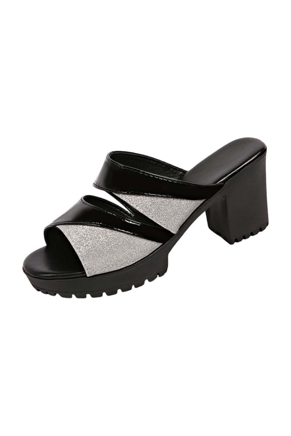 Women's Sequin Chunky Heel Mules Glossy Open Toe Slip On Slides For Summer Party Casual Chic, Silver