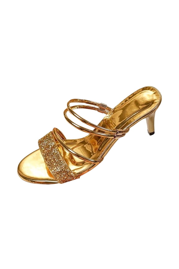 Women's Sequin Rhinestone Stiletto Heel Slide Sandals Open Toe Faux Leather Sparkling Summer Party Essential Footwear, Gold