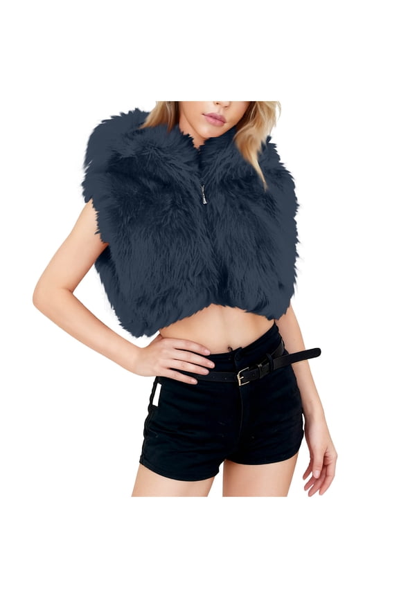 Women's Short Faux Fur Jacket - Plush Pile Long Sleeve Cropped Coat Navy