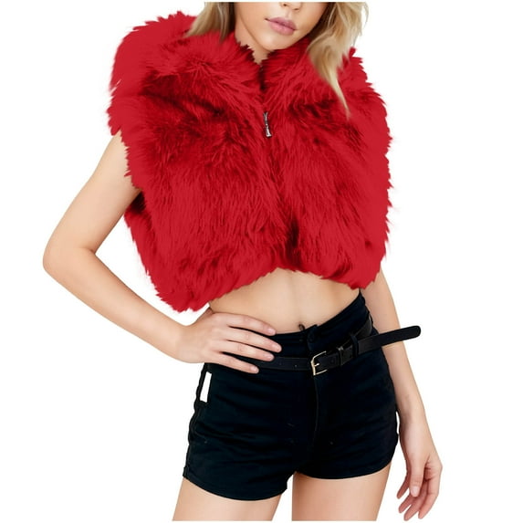 Gpaecead Women's Short Faux Fur Jacket - Plush Pile Long Sleeve Cropped Coat Red