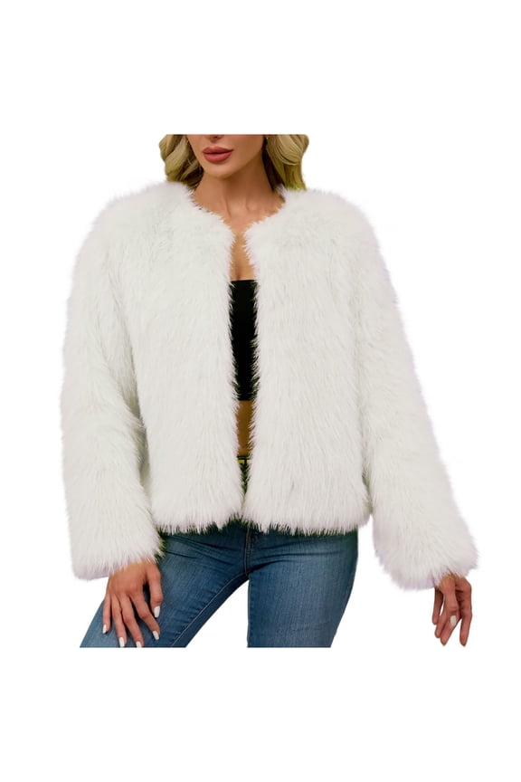 Women's Short Faux Fur Jacket, Solid Color Fleece Coat, Winter Warm Cropped Outerwear White