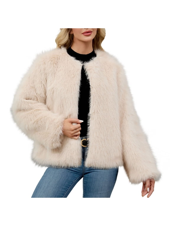 Women's Short Faux Fur Jacket Winter Warm Fleece Teddy Coat Cropped Shacket Outerwear Beige