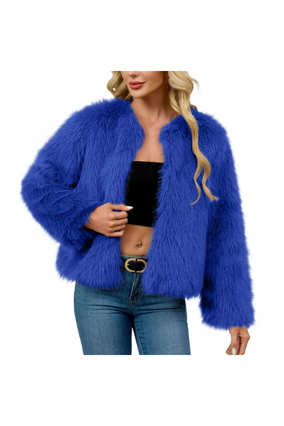 Women's Short Faux Fur Jacket Winter Warm Fleece Teddy Coat Cropped Shacket Outerwear Blue