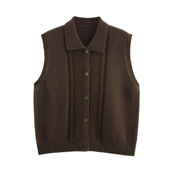 Gpaecead Women's Sleeveless Knit Cardigan, Lapel Collar Solid Color Vest Top Coffee