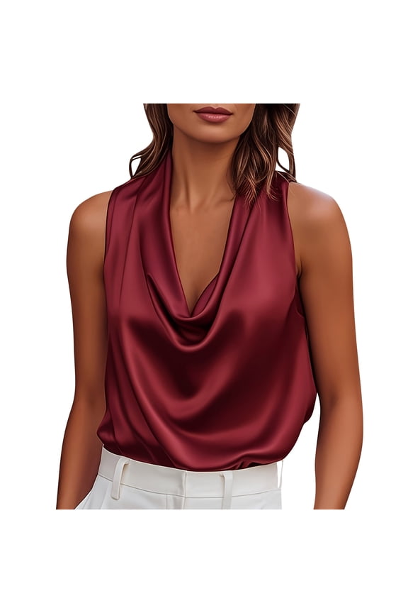 Women's Sleeveless Satin Cowl Neck Top - Solid Color Elegant Casual Blouse Burgundy