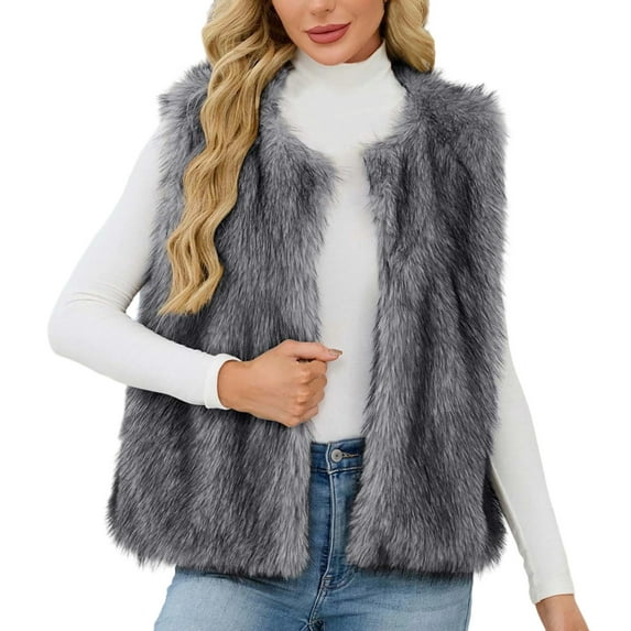 Gpaecead Women's Sleeveless Stand Collar Faux Fur Vest, Winter Warm Fleece Gilet, Casual Layering Piece Dark Gray