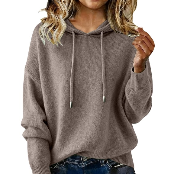 Gpaecead Women's Slim Fit Hooded Pullover - Solid Color Long Sleeve Knit Sweater Dark Gray