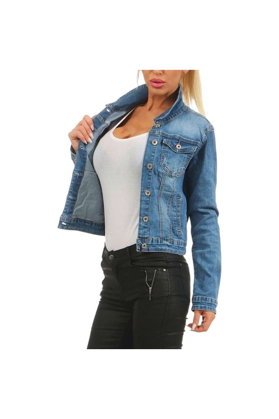 Women's Slim Fit Stretch Denim Jacket - Mid Wash Blue Jean Jacket For Women Blue