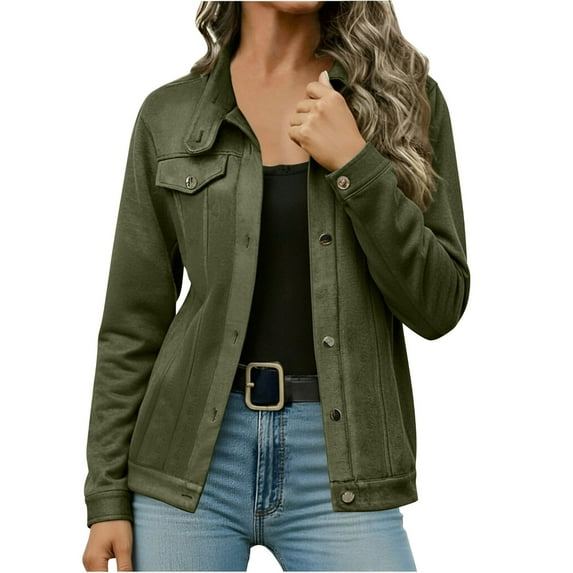 Gpaecead Women's Solid Color Fall Button Down Jacket - Long Sleeve Casual Blouse Top Green
