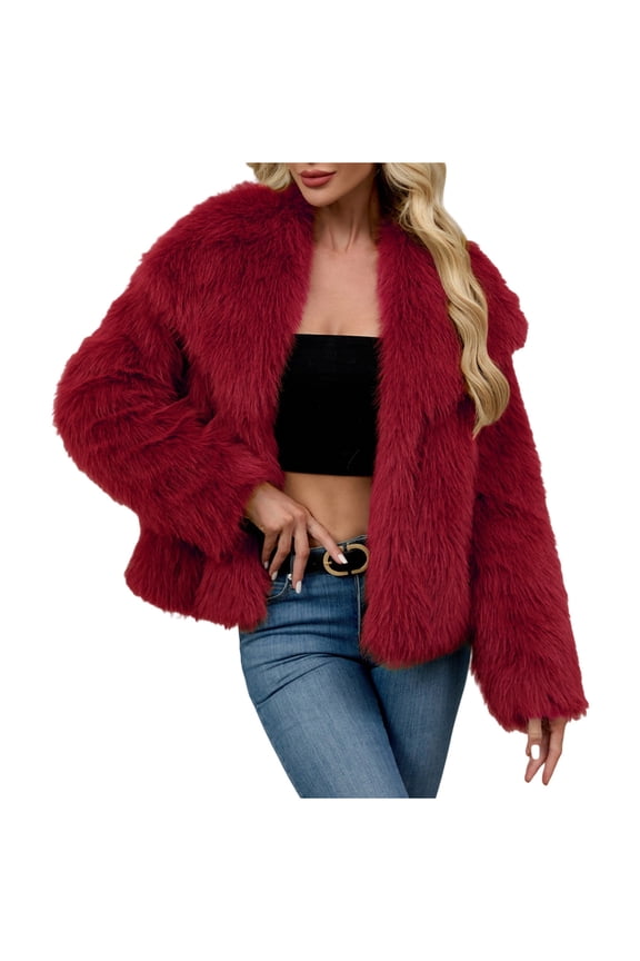 Women's Solid Color Faux Fur Coat, Winter Warm Fleece Jacket, Fashionable Outerwear Burgundy