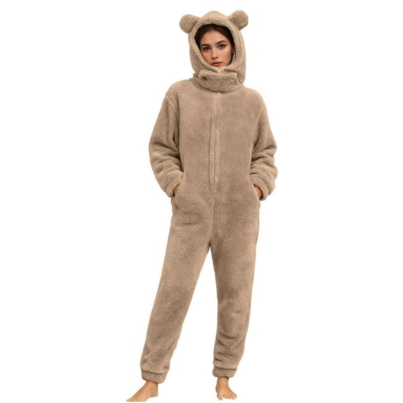 Gpaecead Women's Solid Color Plush Jumpsuit - Long Sleeve Zip Front Hooded Loungewear Onesie Beige
