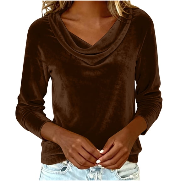Gpaecead Women's Solid Velvet Cowl Neck Top - Elegant Draped Casual Long Sleeve Blouse Brown