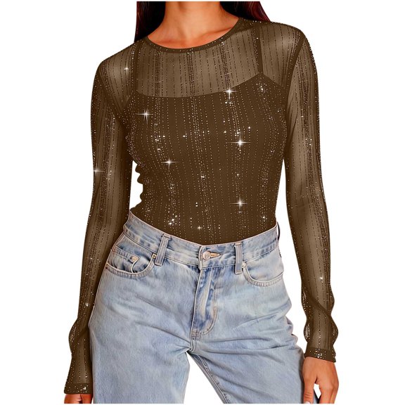 Gpaecead Women's Sparkly Mesh Long Sleeve Top - Bodycon Evening Blouse (No Inner Lining) Coffee