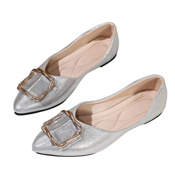 Gpaecead Women's Sparkly Metal Buckle Flats Pointed Toe Faux Leather Slip On Cushioned Insole Comfort Shoes For Weddings And Parties, Silver