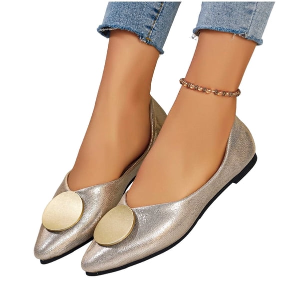 Gpaecead Women's Sparkly Metal Disc Flats Pointed Toe Faux Leather Slip On Cushioned Insole Comfort Shoes For Weddings And Parties, B-Gold