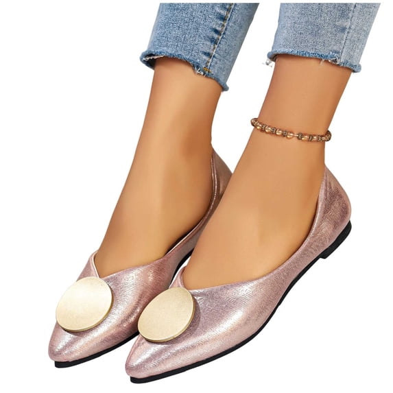 Gpaecead Women's Sparkly Metal Disc Flats Pointed Toe Faux Leather Slip On Cushioned Insole Comfort Shoes For Weddings And Parties, B-Pink
