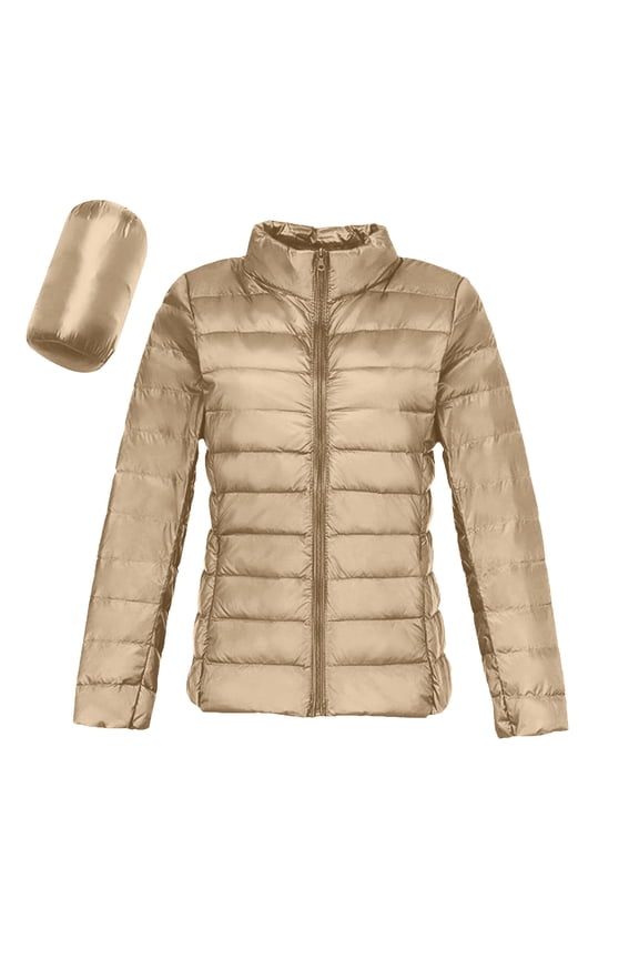 Women's Stand Collar Quilted Puffer Coat, Lightweight Zip Up Hoodless Jacket With Pockets Khaki