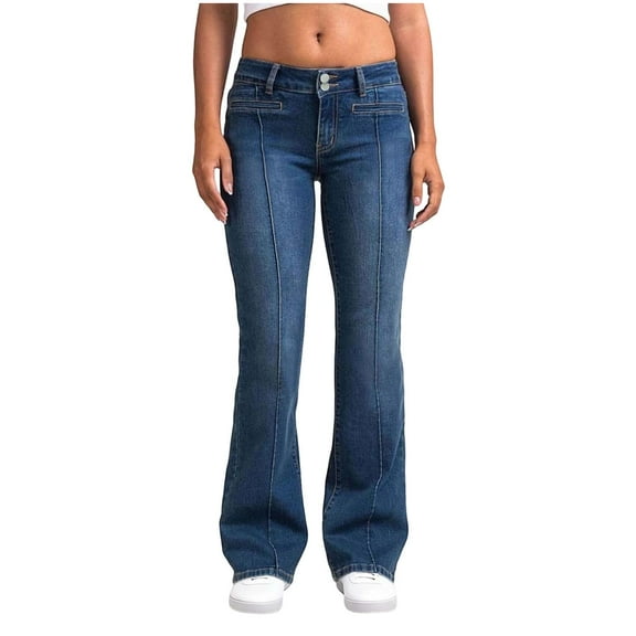 Gpaecead Women's Stretch Jeans - High Waist Straight Leg With Functional Pocket Design Blue