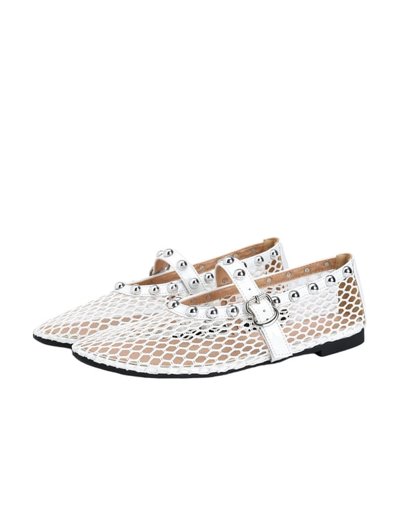 Women's Studded Buckle Ballet Fishnet Flats Mesh Hollow Out Versatile Comfort Summer Casual Shoes, White